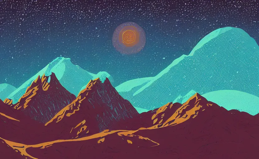 Image similar to mountains, stars and paisley filled sky, artstation, intricate, highly detailed, digital painting, concept art, sharp focus, illustration by Tom Whalen and Charles Williams