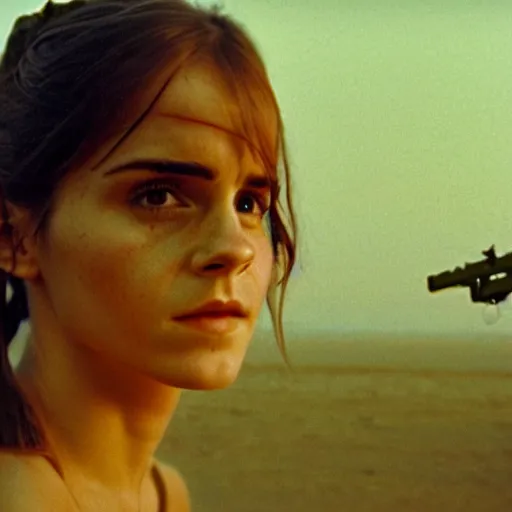 Image similar to film still, extreme far view, emma watson vietnam door gunner, film still from apocalypse now ( 1 9 7 9 ), 2 6 mm, kodak ektachrome, blue tint expired film,