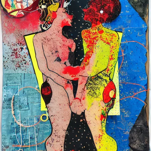 Image similar to two women kissing at a recursive carnival, mixed media collage, retro, paper collage, magazine collage, acrylic paint splatters, bauhaus, claymation, layered paper art, sapphic visual poetry expressing the utmost of desires by jackson pollock