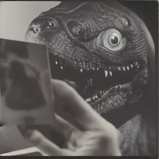 Image similar to polaroid photo of a t - rex 🦖 taking a polaroid photo of a cat