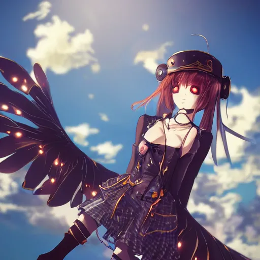 Prompt: anime girl with copper steampunk wings winking, extremely detailed, cinematic lighting, portrait, beautiful, sky,