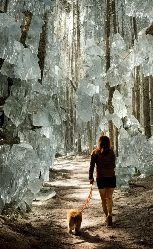 Prompt: beautiful woman walks her pet cougar on a leash thru a crystal forest, hyperreal, atmospheric, photorealistic photographed in the style of national geographic