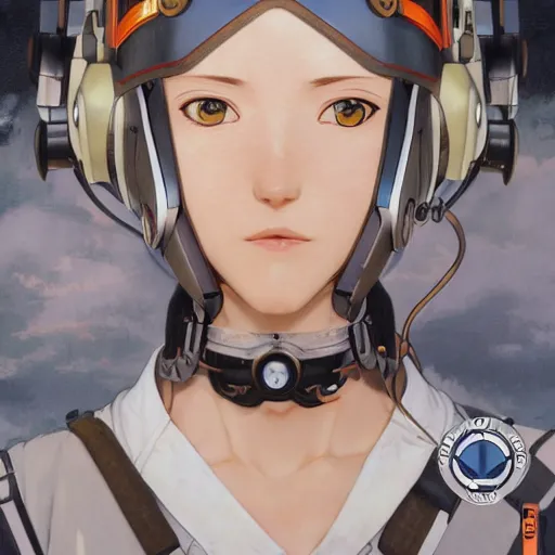 Image similar to pilot girl, cyborg aircraft parts, anime style, vintage pilot clothing, shoulder eyes, last exile anime, hair down, symmetrical facial features, from arknights, hyper realistic, 4 k, rule of thirds, extreme detail, detailed drawing, trending artstation, realistic lighting, by alphonse mucha, greg rutkowski, short neck