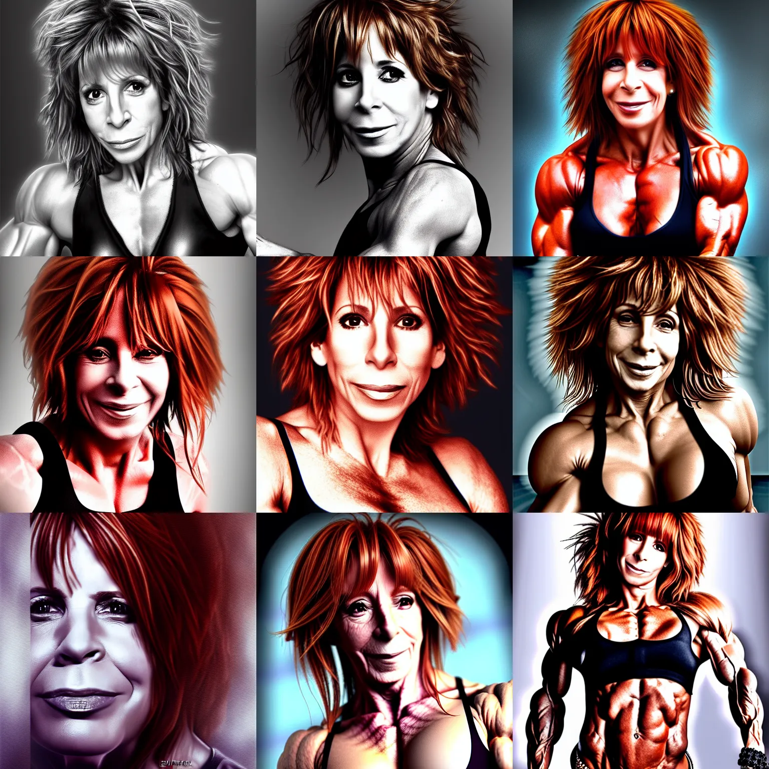 Prompt: mylene farmer, bodybuilder, muscle, digital art, 8 k, character, realism, portrait, singer, photorealism, high quality