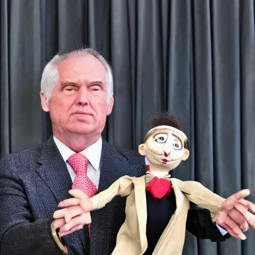 Image similar to president marionette with puppeteer in a podium giving a press conference