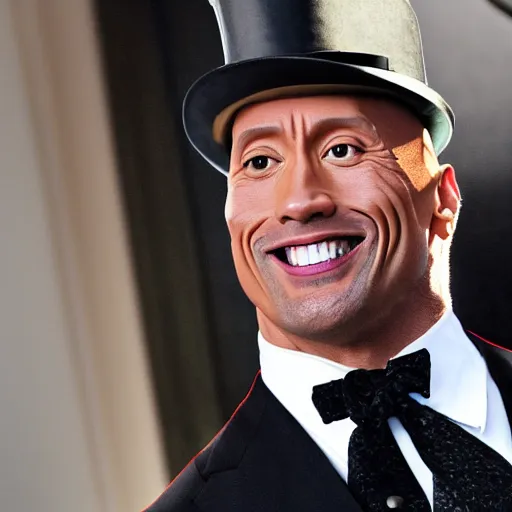 Prompt: photograph dwayne the rock johnson with a tophat and a suit, hd, at the white house