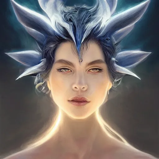 Image similar to Perfectly-centered portrait-photograph of a real life godly dragon with shining completely white eyes from heaven, lifelike, super highly detailed, professional digital painting, artstation, concept art, Unreal Engine 5, Photorealism, HD quality, 8k resolution, cinema 4d, 3D, beautiful, cinematic, art by artgerm and greg rutkowski and alphonse mucha and loish and WLOP