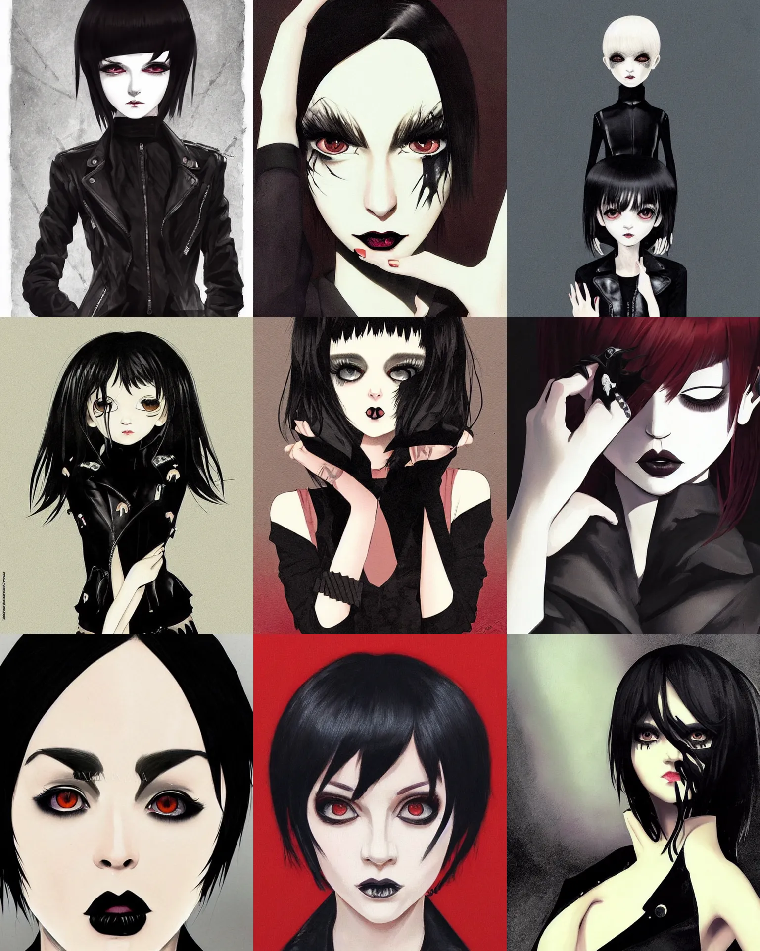 Prompt: A goth portrait by Ilya Kuvshinov. She has large evil eyes with entirely-black sclerae!!!!!! Her hair is dark brown and cut into a short, messy pixie cut. She has a slightly rounded face, with a pointed chin, and a small nose. She is wearing a black leather jacket, a black knee-length skirt, a black choker, and black leather boots.