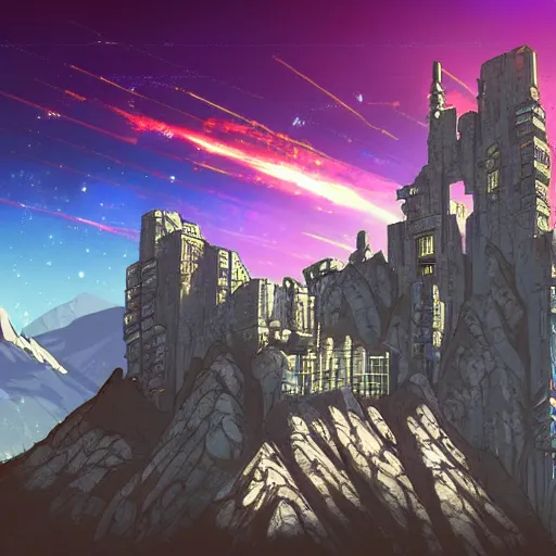 Image similar to stone castle in the style of cyberpunk ontop of a mountain, space sky, anime illustration,