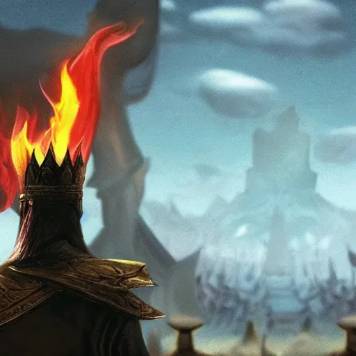 Prompt: an old king, facing thousands of adversaries with his burning and falling kingdom in the background.