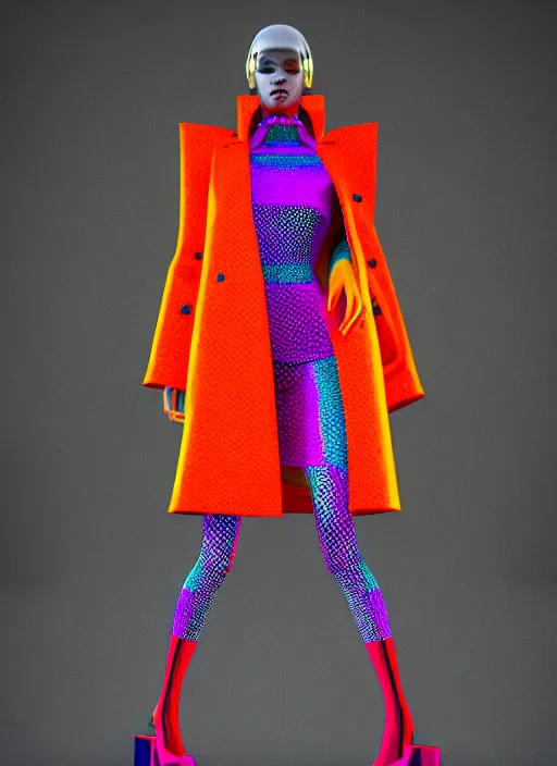 Image similar to stylish coat for a rave, bright colors, many details, prints, photo for a magazine, photo for a store, fashion photography, Vogue, 135 mm, cinematic, hyper realism, high detail, octane render, 8k, chrome accents, very coherent symmetrical artwork, perfect face model, full length photo, Upper and lower body, even skin tone