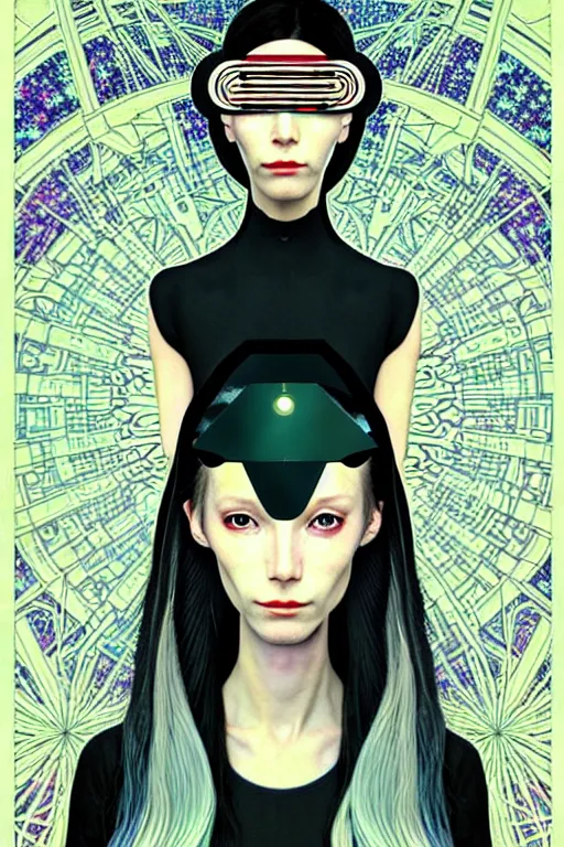 Image similar to utopian transhumanist future, people wearing ai generated fashion, in a style of æon flux, peter chung, shepard fairey, botticelli, ivan bilibin, and john singer sargent, inspired by pre - raphaelite paintings, shoujo manga, and cool harajuku street fashion, ultra detailed, super ultra fine inking lines, ethereal and mystical