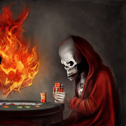 Prompt: a grim reaper playing poker in hell, 8 k, realistic