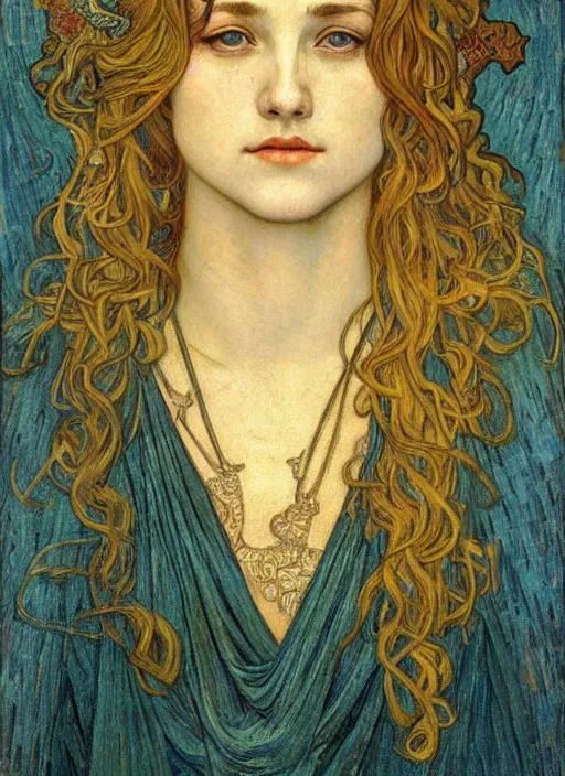 Image similar to detailed realistic beautiful young medieval queen face portrait by jean delville, alphonse mucha, vincent van gogh, and marco mazzoni, art nouveau, symbolist, visionary, gothic, pre - raphaelite