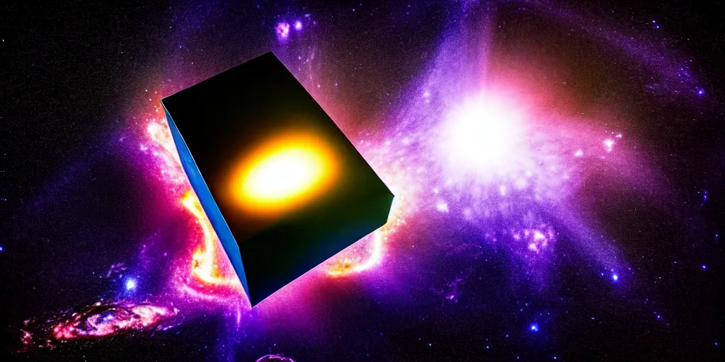 Image similar to A black cube projecting on its surface a black hole devouring galaxies and stars, floating In the middle of the ocean, Photography, Cinematic, Time-Lapse, Panorama, Field of View, 3-Dimensional, Hyperdimensional, 32k, Star, Cube, Powerful, Beautiful Lighting