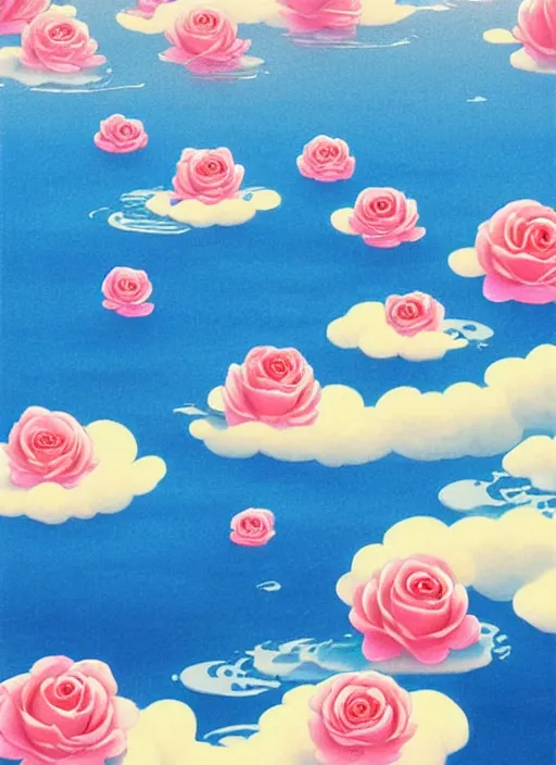 Image similar to On the surface of the sea in the moonlight, there were some roses floating on the surface of the sea，by Chiho Aoshima