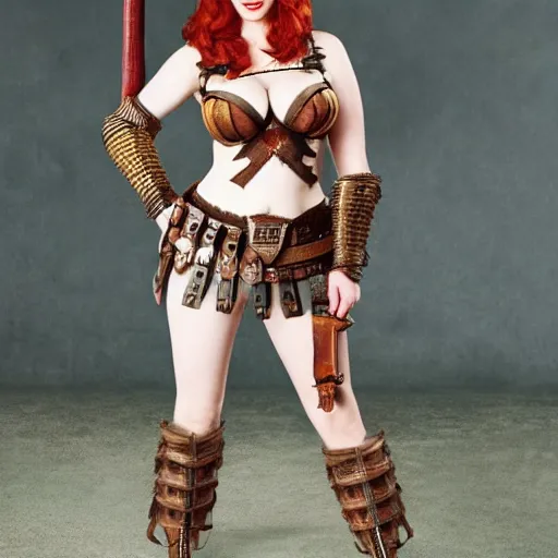 Image similar to full body photo of christina hendricks as an amazon warrior with weapons