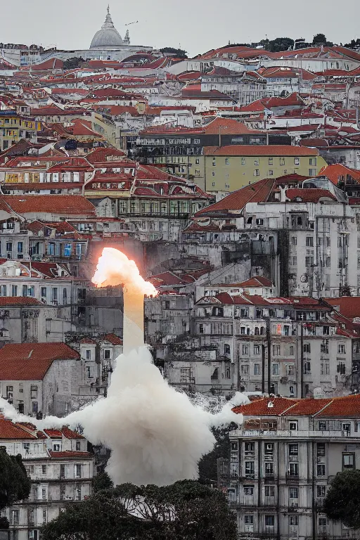 Image similar to a crowd of people running away in lisbon as a nuclear mushroom cloud flashes above the skyline