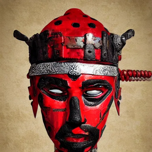 Image similar to portrait of an ancient warrior red and black theme studio photo realistic