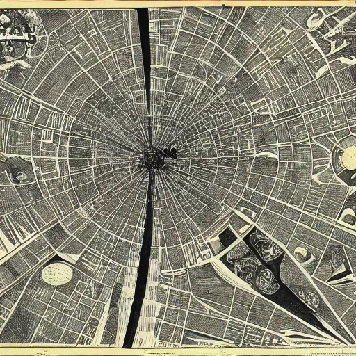 Prompt: an antique map of a solarpunk zaha hadid city with radial symmetry, rivers, parks, leonardo davinci, aged parchment, dreamy, cartography