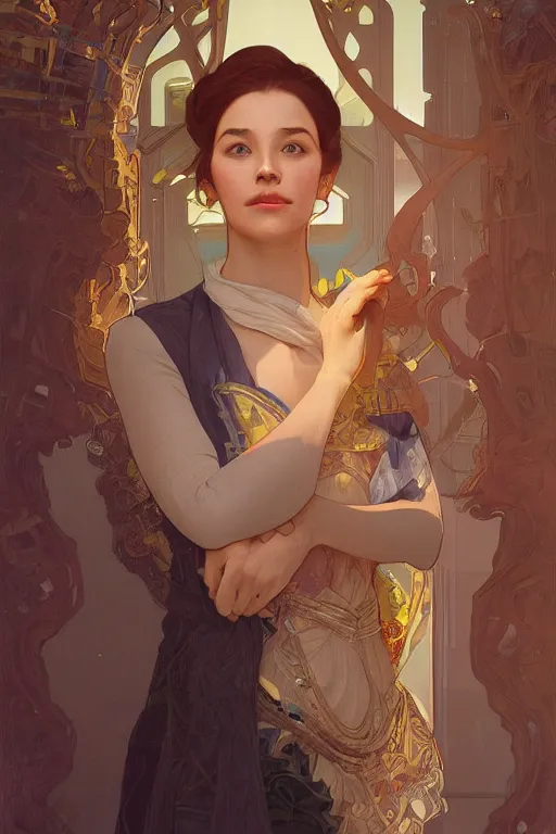 Image similar to portrait of rossa as an architect, highly detailed, digital painting, artstation, concept art, sharp focus, illustration, art by kittichai rueangchaichan and james gurney and alphonse mucha