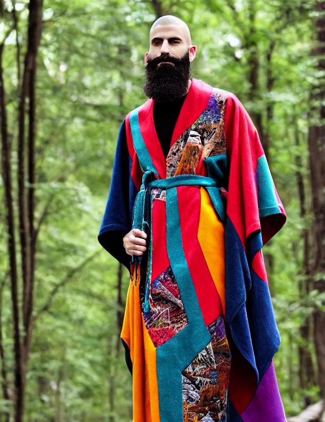 Image similar to longshot full modern detailed colorful cool handsewn textile cloak huge sleeves chiseled chin full beard shaved head nature creek river stream stones in the woods marc jacobs gucci robes chains necklace