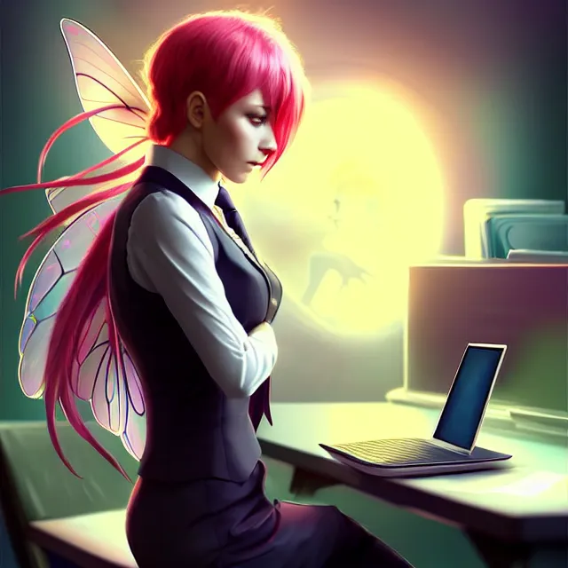 Prompt: epic professional digital art of a fairy in a professional business suit, sitting at a desk,, best on artstation, cgsociety, wlop, Behance, pixiv, astonishing, impressive, outstanding, epic, cinematic, stunning, gorgeous, much detail, much wow,, masterpiece.