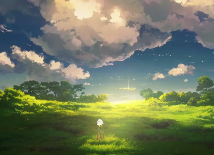 Image similar to illustration of a wide shot green hills with clouds in the background, cute anime girl with platinum blonde hair and big eyes close to foreground, anime key visual, official media, illustrated by wlop, extremely detailed, 8 k, trending on pixiv, cinematic lighting, beautiful