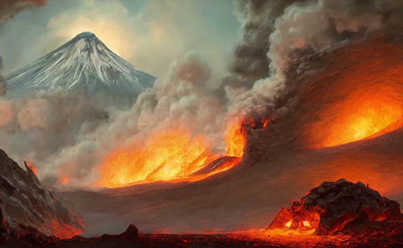 Image similar to a cabin on the side of an erupting volcano, magma and fiery rock, fantasy art, 8k, james gurney, greg rutkowski, john howe, artstation