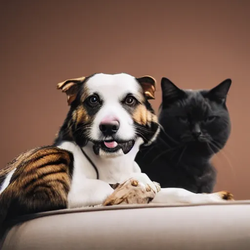 Image similar to a smiling dog sitting on top of a cat, professional photography