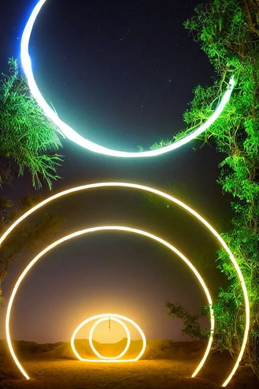 Prompt: a luminous circular stargate in the desert through which an ancient jungle is visible