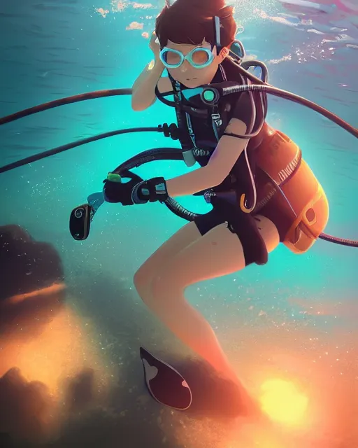 Image similar to a girl scuba diving in an ocean full of sea life, full shot, atmospheric lighting, detailed face, by makoto shinkai, stanley artgerm lau, wlop, rossdraws