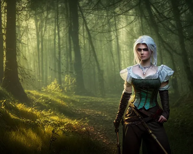 Image similar to 5 5 mm portrait photo of mkurilenko as ciri, in a forest. magical atmosphere. art by greg rutkowski. highly detailed 8 k. intricate. lifelike. soft light. nikon d 8 5 0.