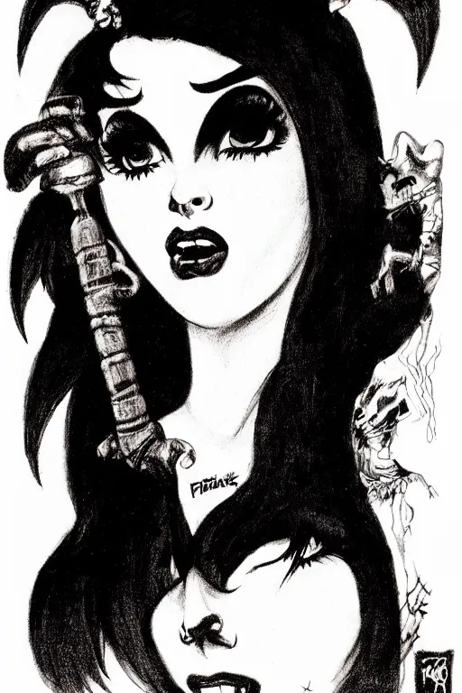 Image similar to of a witch girl burlesque psychobilly punk, detailed face, black hair, white background, drawing, illustration by frank frazetta