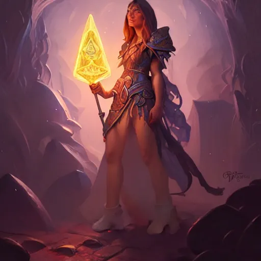 Image similar to wizard, female, in crystal cave, D&D, fantasy, intricate, elegant, highly detailed, digital painting, artstation, octane render, concept art, matte, sharp focus, illustration, hearthstone, art by Artgerm and Greg Rutkowski and Alphonse Mucha