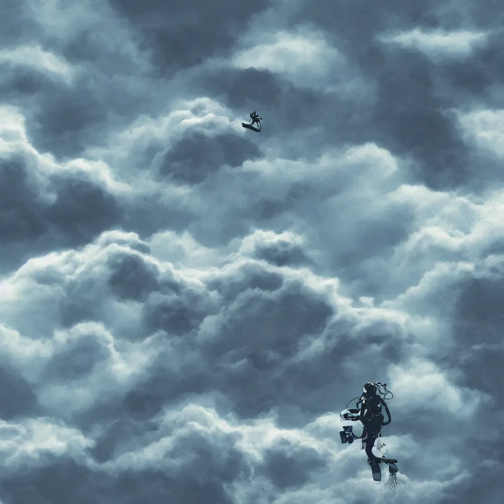 Image similar to a scubadiver floating above the clouds, closeup, digital illustration