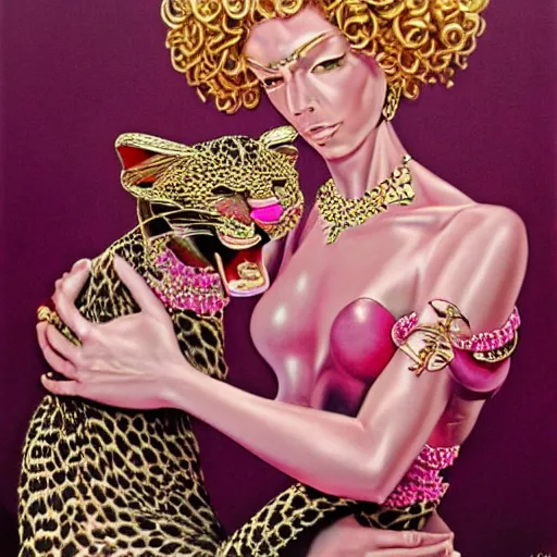 Image similar to a woman with a pink panther in her arms, wearing strong jewerly and crystals, surreal, art by peter lloyd, 1 9 8 0's art, airbrush style, art by hajime sorayama,, intricate, elegant, sharp focus, illustration, highly detailed, h 8 0 0