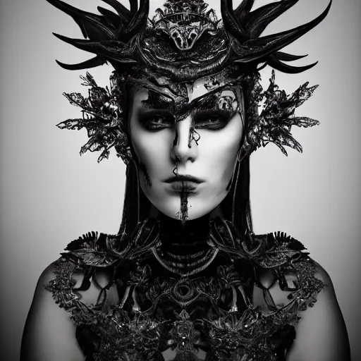 Prompt: a portrait of female model by stefan geselle and nekro borja, photorealistic, intricate details, hyper realistic, dark fantasy, ornate headpiece, dark beauty, photorealistic, canon r 3, photography, wide shot, photography, dark beauty, symmetrical features, wide angle shot, whole body, full body shot, 3 / 4 shot