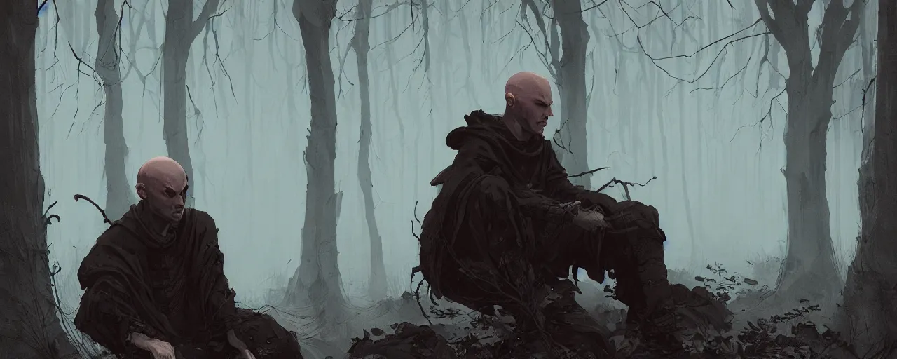 Image similar to duotone noir illustration close up of bald merchant demon sitting below willow tree in medieval brown tunic. foggy evening. dark dream atmosphere with cinematic hellish light, by sachin teng and sergey kolesov and ruan jia and heng z. graffiti art, scifi, fantasy, hyper detailed. octane render. concept art. trending on artstation