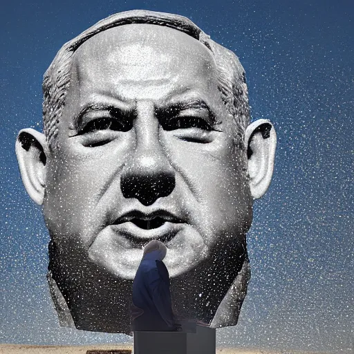 Image similar to a giant benjamin netanyahu sculpture made out of jelly, in the sea, long shot, hyper detailed, hyper realistic, ray tracing, 8 k resolution, sharp focus, realistic water, award winning