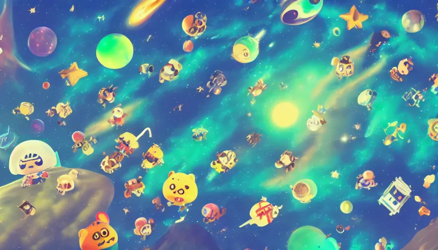 Image similar to a galactic Animal Crossing landscape, Animal Crossing characters, space colors, galaxies, stars, nebula, octane render, unreal engine, Animal Crossing New Horizon, 8k