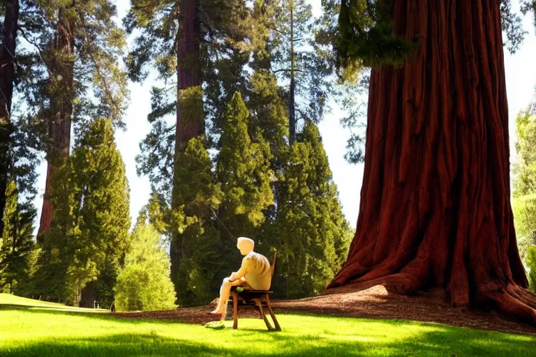 Prompt: a small figure of a man sitting under giant sequoia tress, tranquil, silent, solemn, photo realistic, minimalist