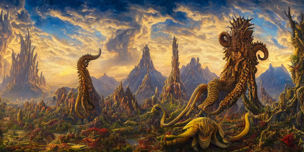 Image similar to fantasy oil painting, great leviathan, cybernetic turtle cephalopod terrapin reptilian pachyderm squid, bella hadid, hybrid, milla jovovich, anubis epic islamic city, natural light, lush plants flowers, spectacular mountains, bright clouds, luminous sky, outer worlds, golden hour, michael cheval, edward hopper, michael whelan, hd