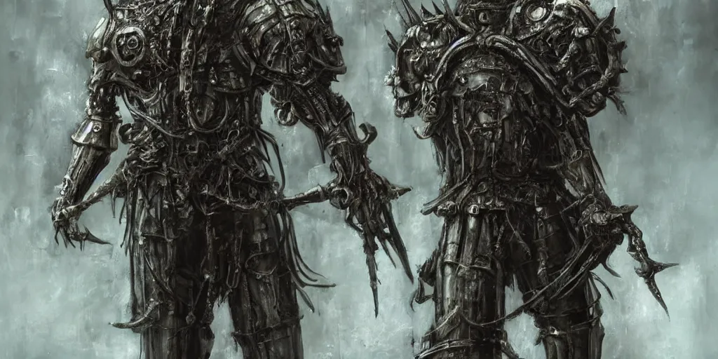 Image similar to biopunk medieval german knight, horror, creepy, artstation, highly detailed painting, art by hr giger