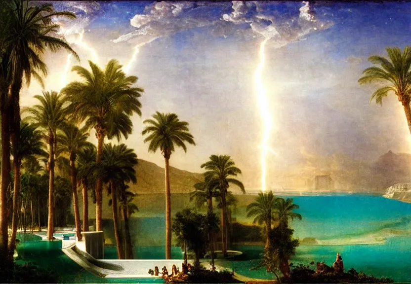 Image similar to Palace floating in the sky, refracted sparkles, thunderstorm, greek pool, beach and palm trees on the background major arcana sky, by paul delaroche, hyperrealistic 4k uhd, award-winning, very very very detailed