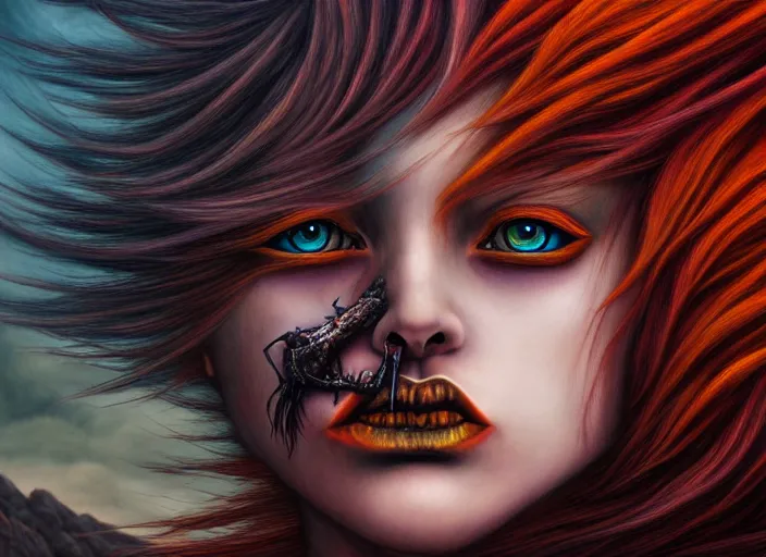 Image similar to realistic detailed image of a female Amazon warrior auburn hair blowing in an angry, stormy mountain top, anime art, anime, inspired by Mark Ryden and H.R. Giger and Zdzislaw Beksinski, gothic, rich deep colors. A masterpiece.