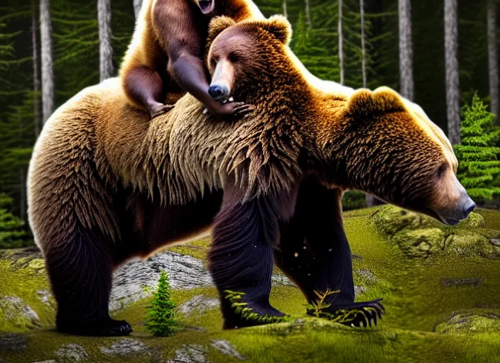 Image similar to putin riding his grizzly bear, in the forest. fantasy magic style. highly detailed 8 k. intricate. nikon d 8 5 0 5 5 mm. award winning photography.