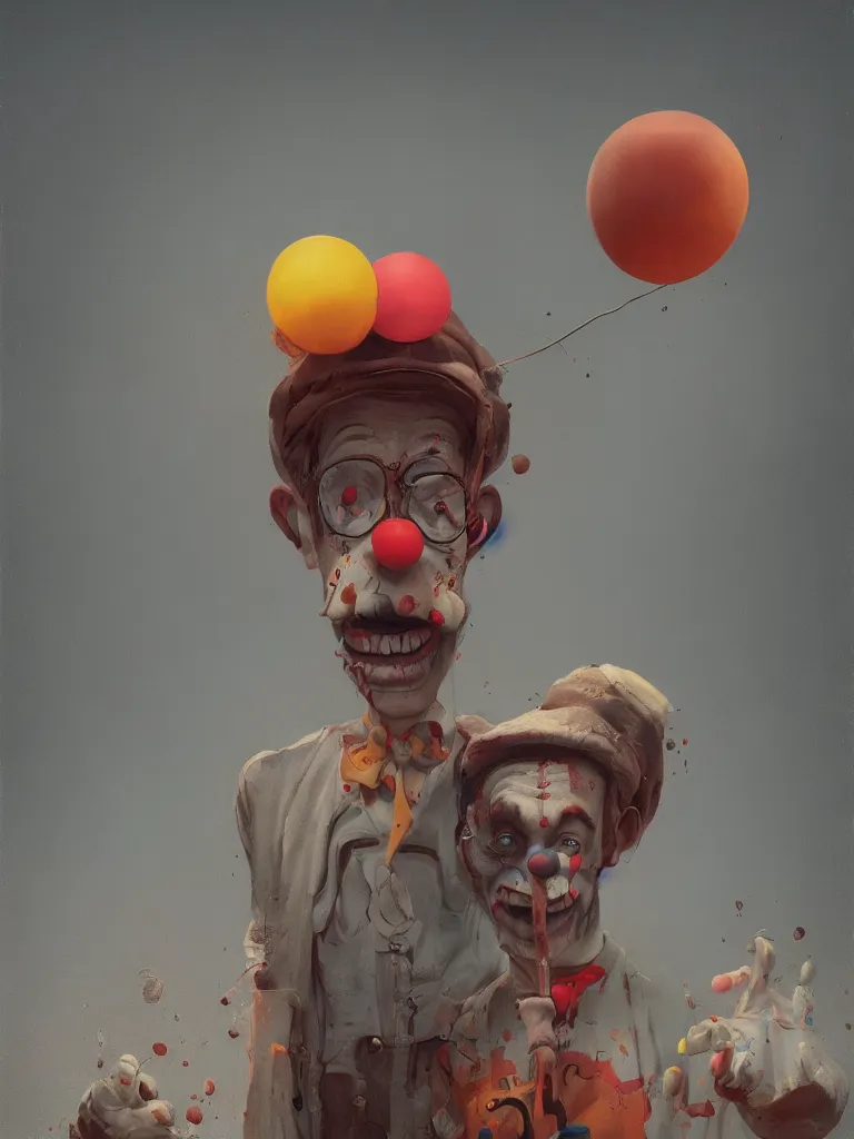 Image similar to a portrait of a sad and helpless clown in a painting from stalenhag, 4 k, 8 k, hdr, artstation, concept art