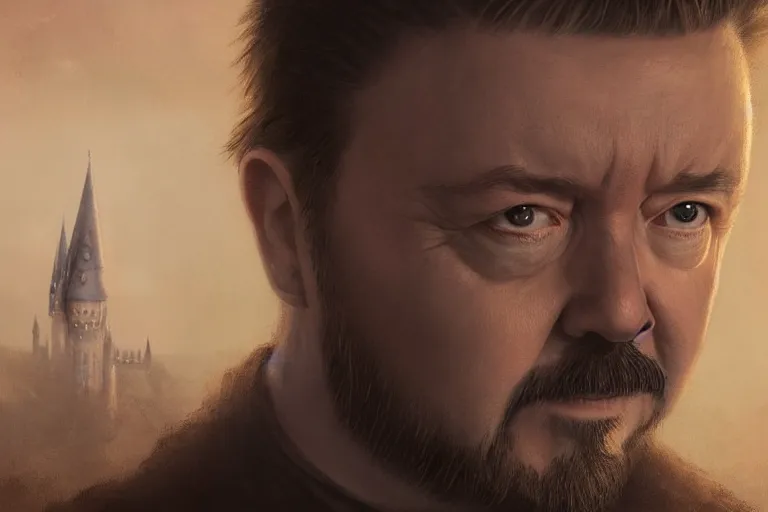 Prompt: closeup portrait of a ricky gervais as a wizard, harry potter, dramatic light, gorgeous view, depth, high detail, digital art, painted by greg rutkowski and seb mckinnon, by jk rowling, trending on artstation