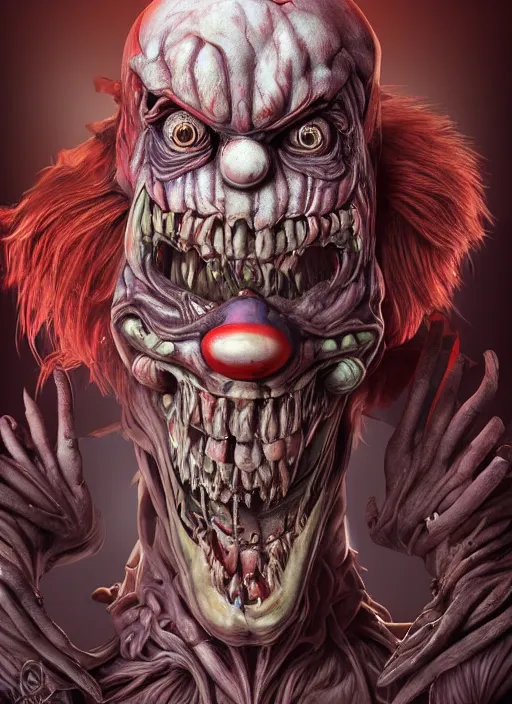 Image similar to evil horror clown, monster anatomy, ross tran, vivid colors, anatomical, highly detailed sculpture, intricate detailed, ommatidia, 8 k, cinematic atmosphere, post - processing